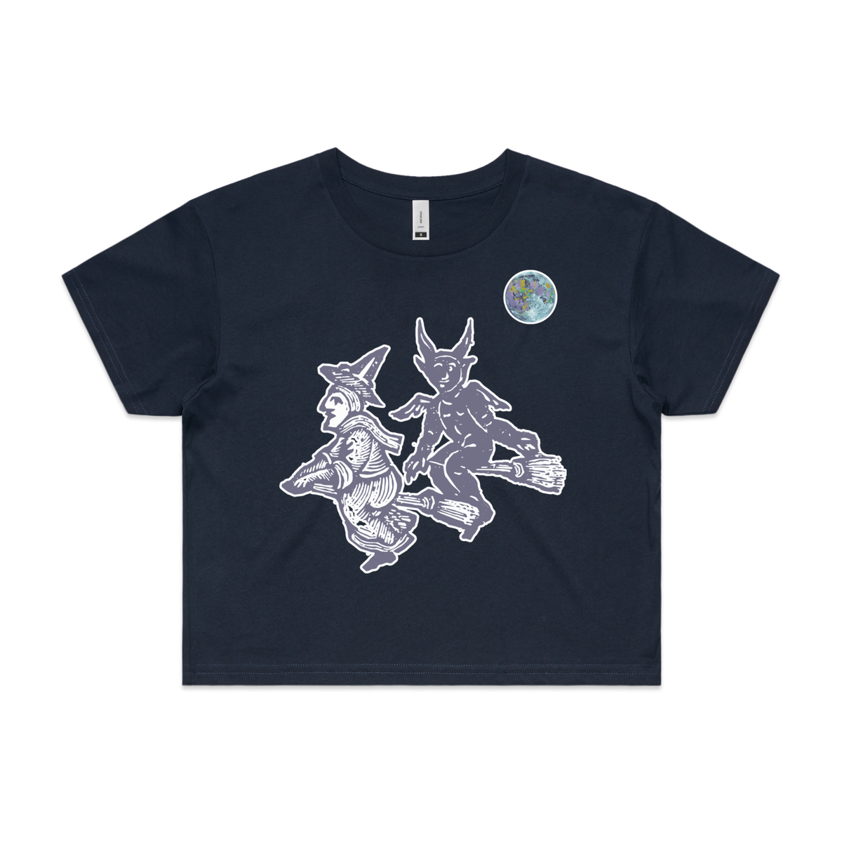 Broomstick witch and imp feminist crop t-shirt in navy — fthis