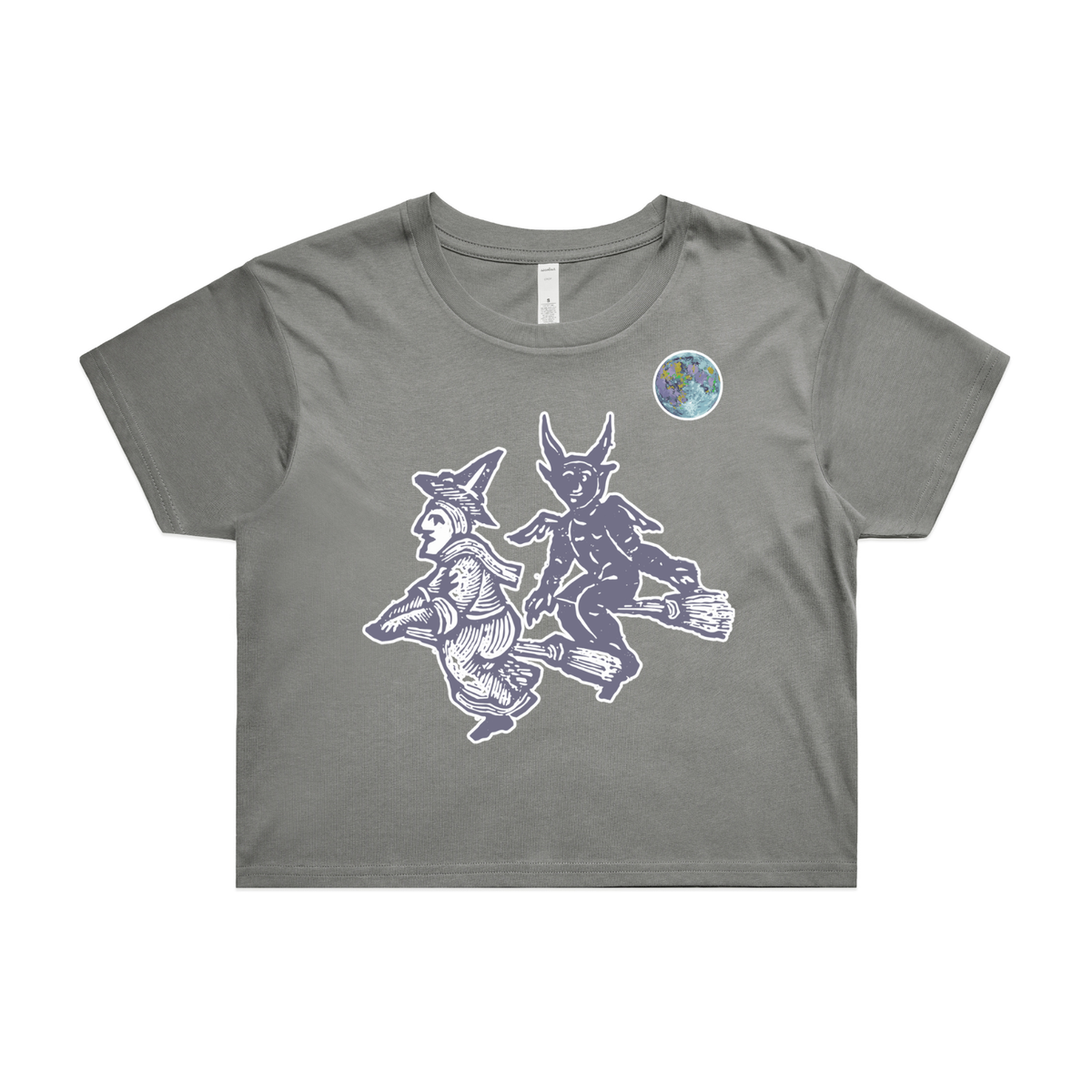 Broomstick witch and imp feminist crop t-shirt in shadow — fthis