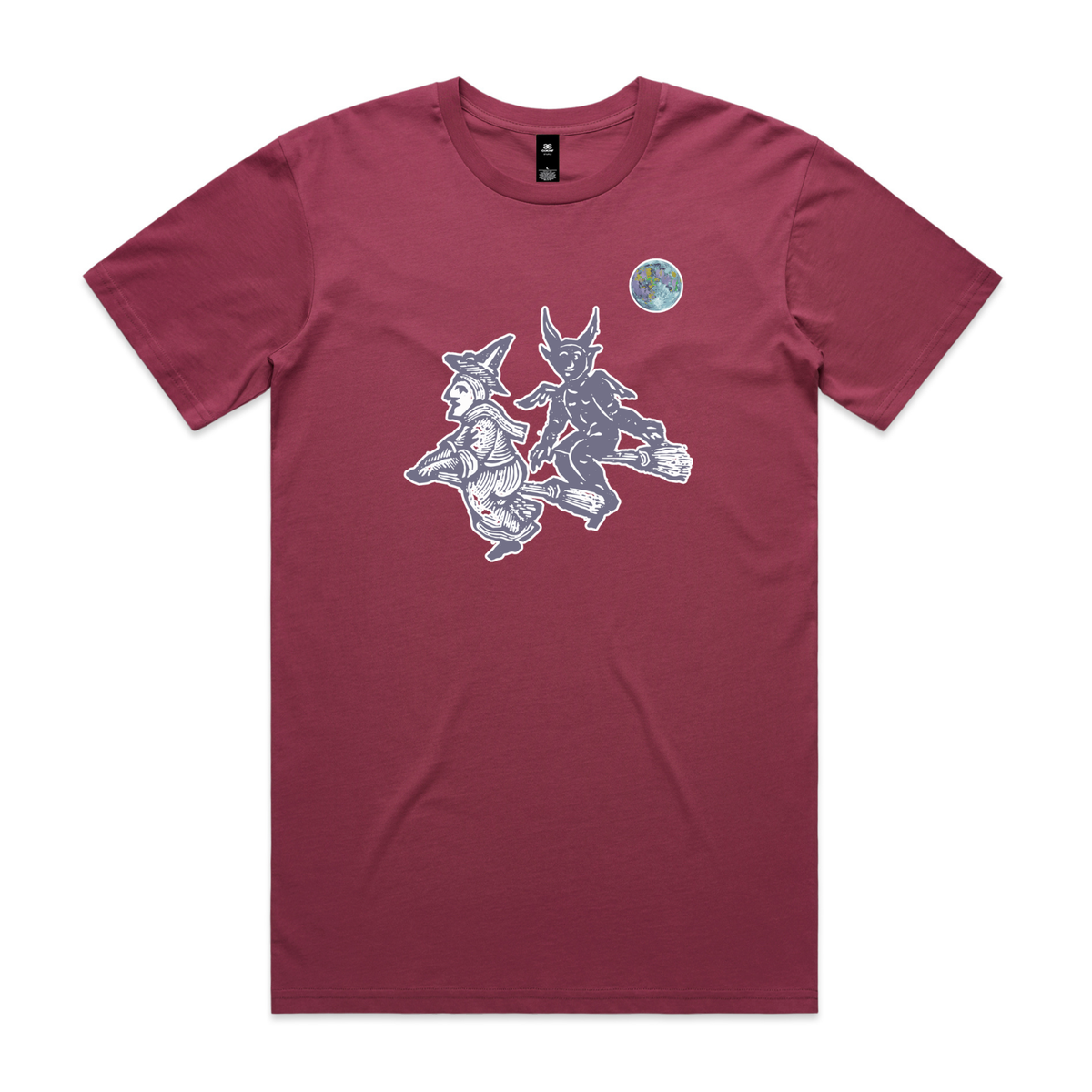 Broomstick vintage woodcut witch feminist t-shirt in berry, unisex — fthis