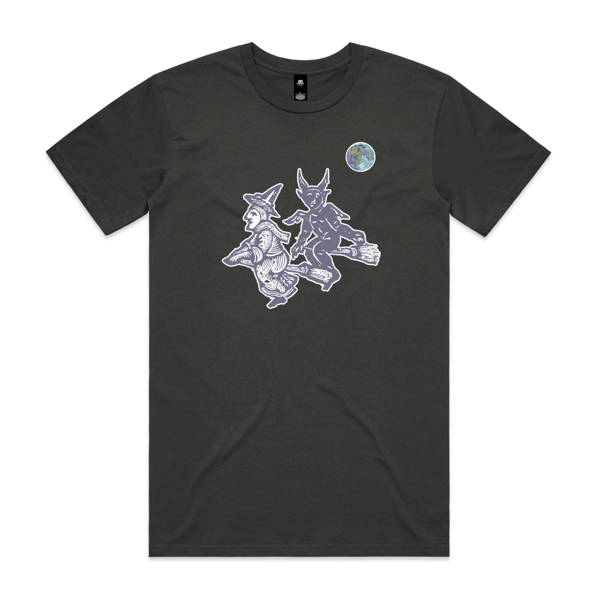 Broomstick witch and imp feminist t-shirt in coal, unisex — fthis