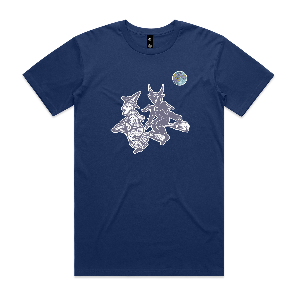 Broomstick witch and imp feminist t-shirt in cobalt, unisex — fthis