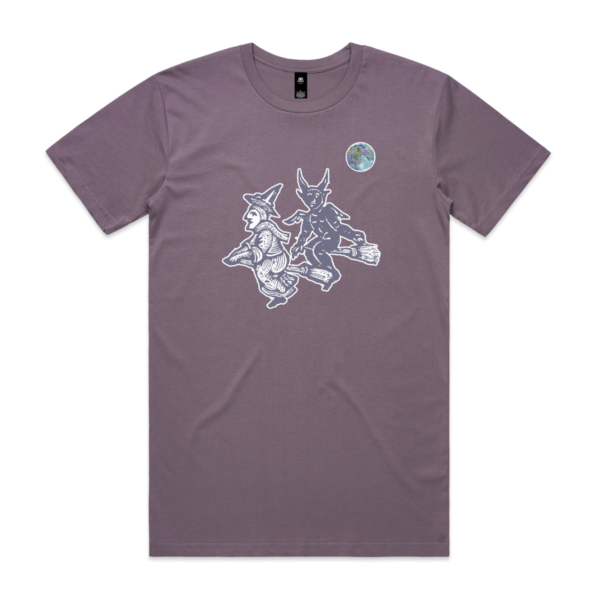 Broomstick witch and imp feminist t-shirt in mauve, unisex — fthis
