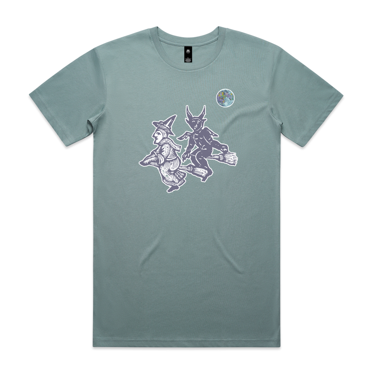 Broomstick witch and imp feminist t-shirt in mineral, unisex — fthis