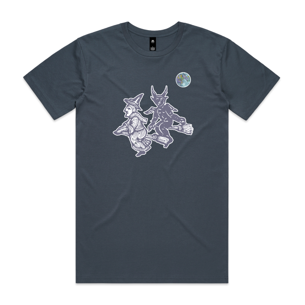 Broomstick witch and imp feminist t-shirt in petrol blue, unisex — fthis