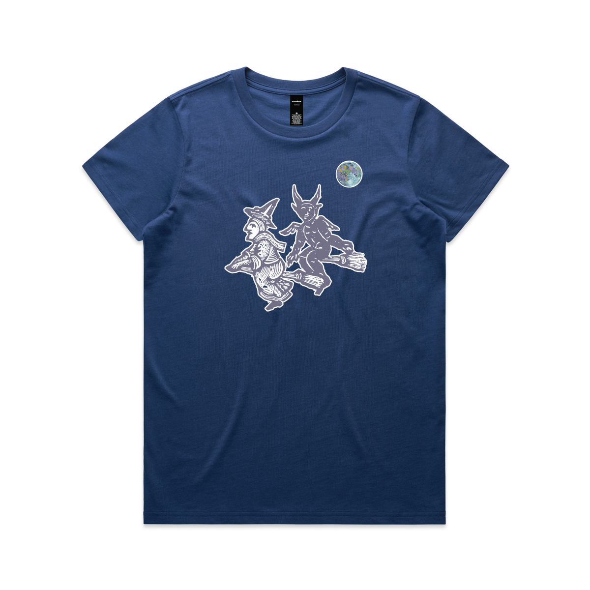 Broomstick witch and imp feminist t-shirt in cobalt, womens fit — fthis