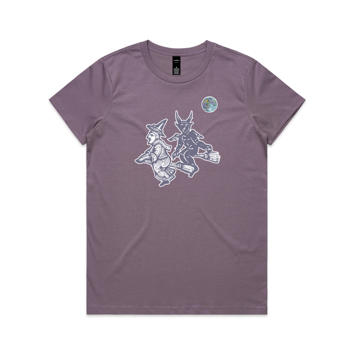 Broomstick witch and imp feminist t-shirt in mauve, womens fit — fthis