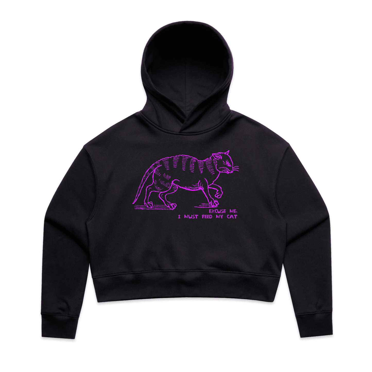 "I must feed my cat" medieval woodcut design crop hoodie in black - fthis