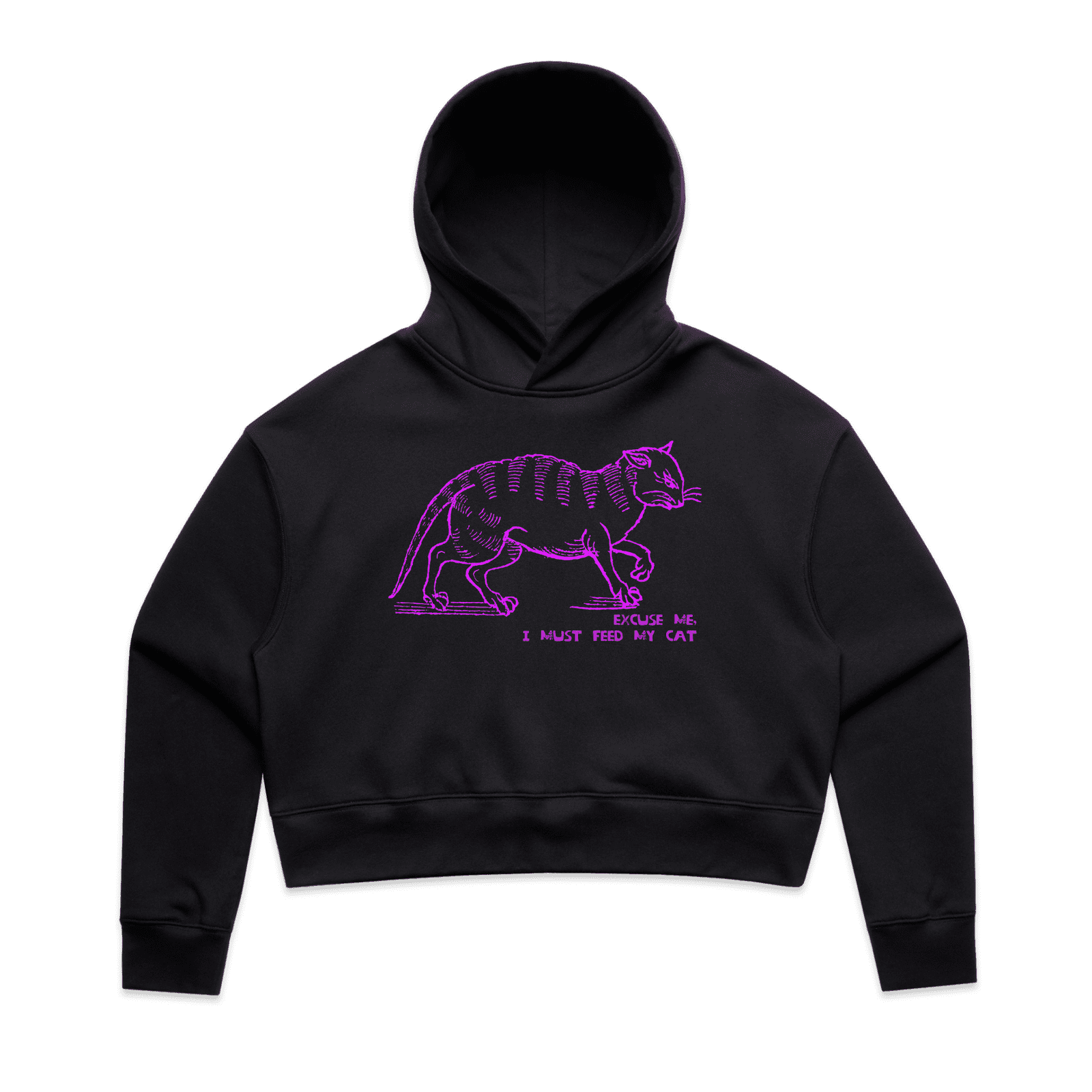 "I must feed my cat" medieval woodcut design crop hoodie in black - fthis