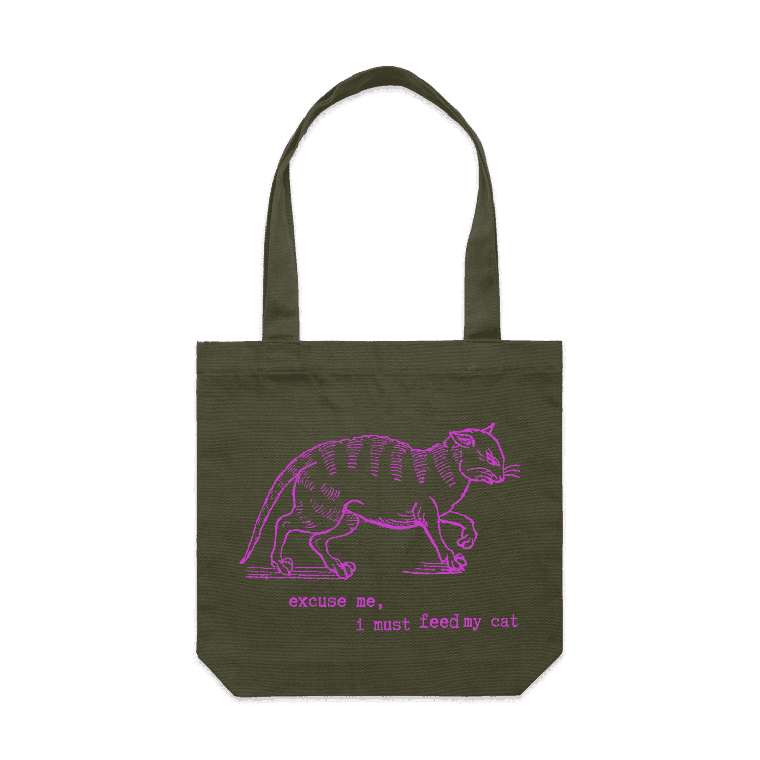 "I must feed my cat" vintage cat lover tote bag in army - fthis