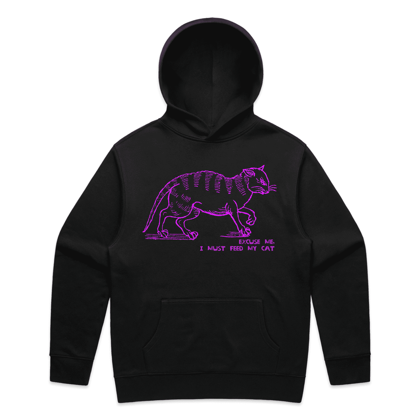 "I must feed my cat" medieval woodcut design men's hoodie in black - fthis