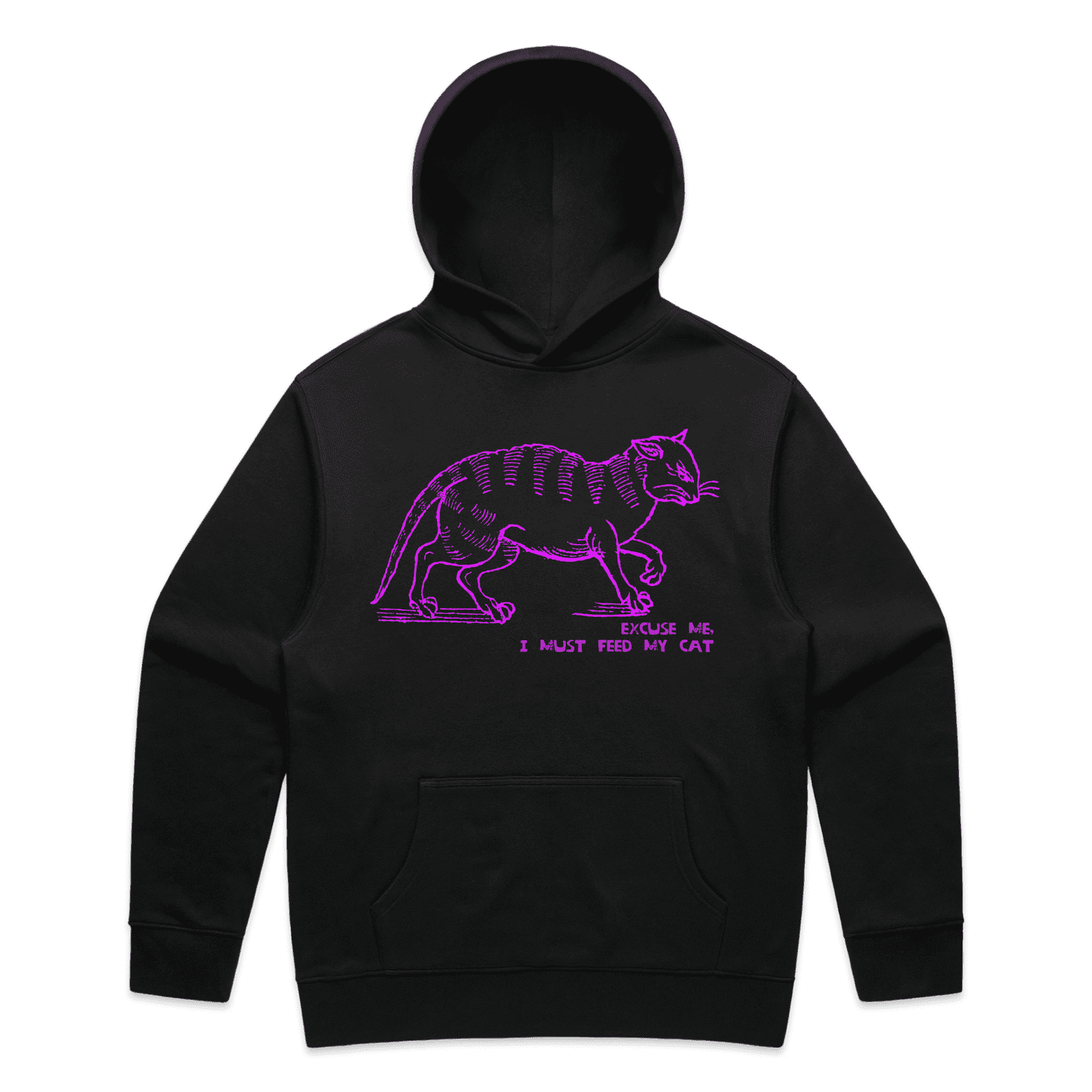 "I must feed my cat" medieval woodcut design men's hoodie in black - fthis