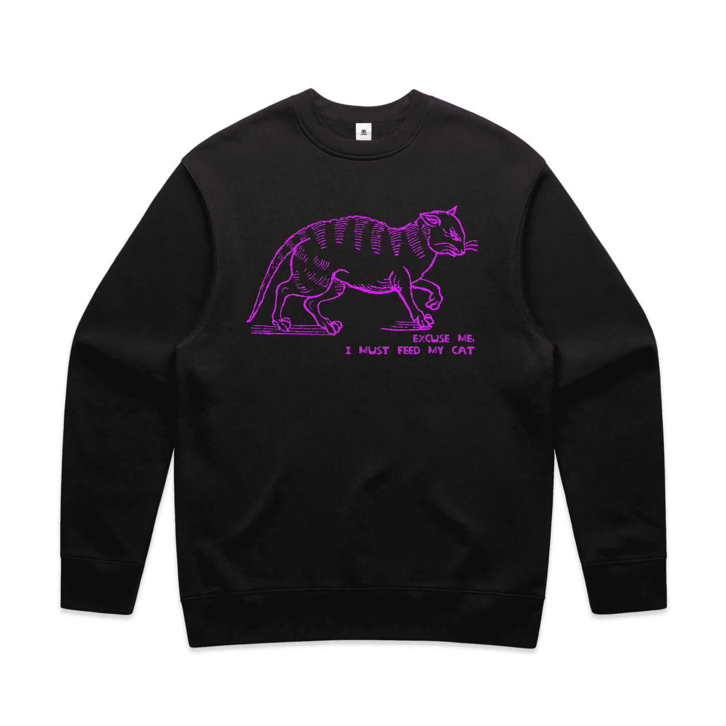 "I must feed my cat" medieval woodcut design unisex sweater in black - fthis