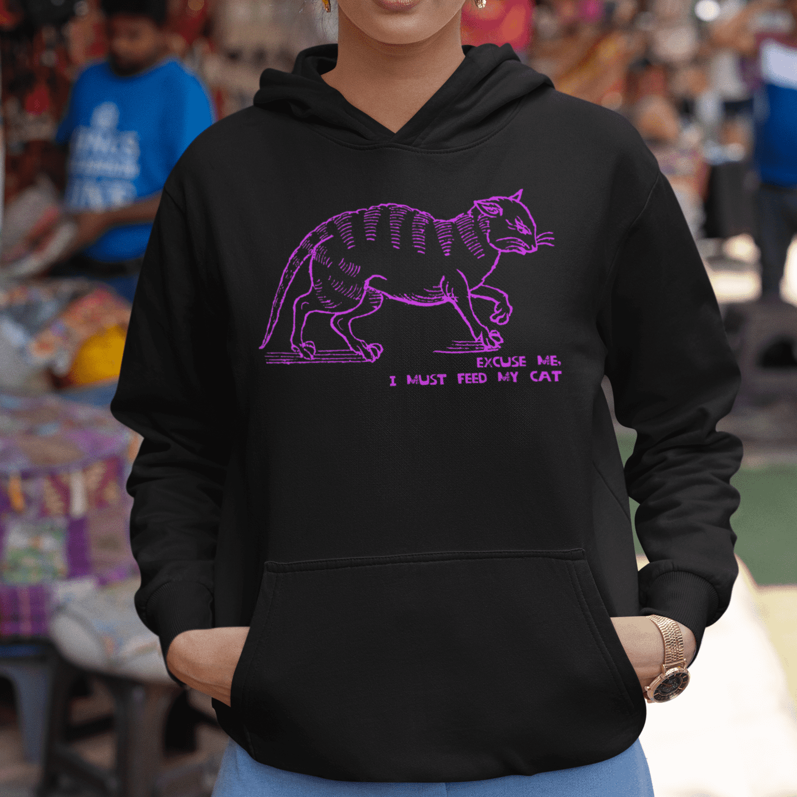 "I must feed my cat" medieval woodcut design unisex hoodie in black mock up - fthis