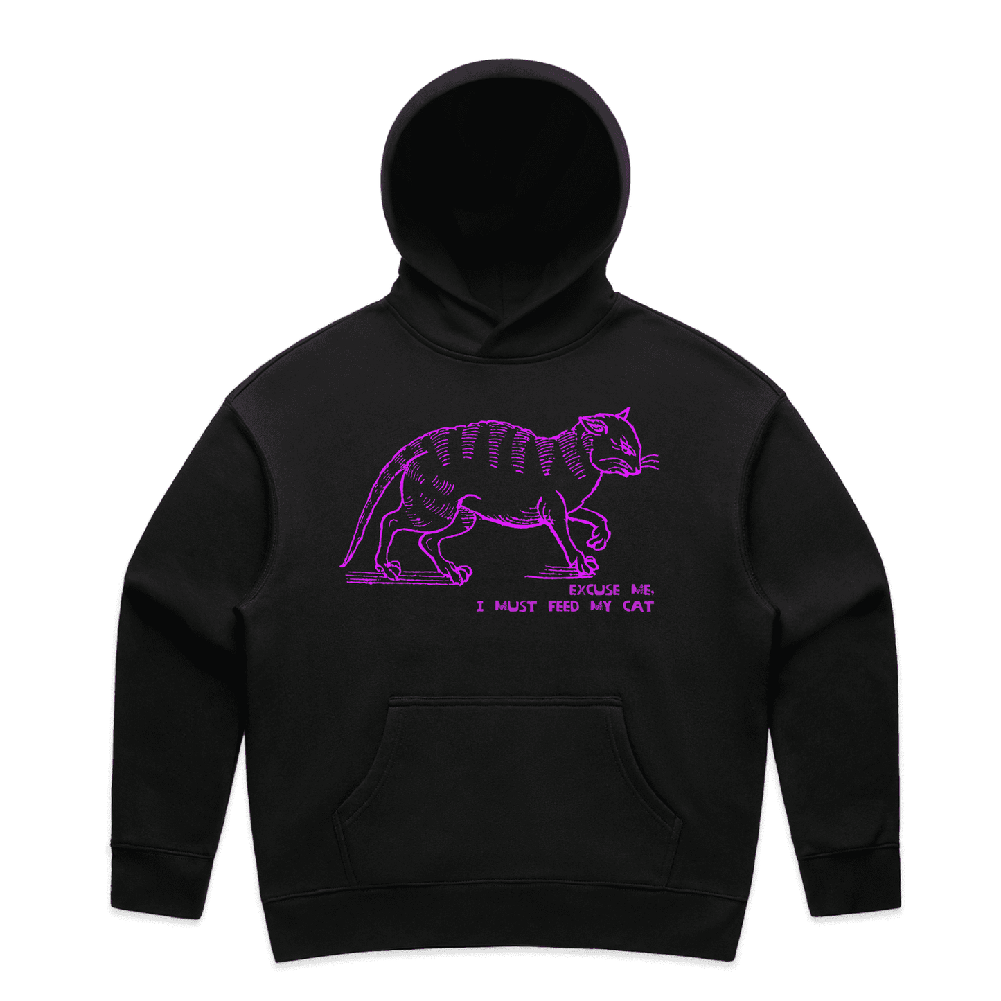 "I must feed my cat" medieval woodcut design women's hoodie in black - fthis