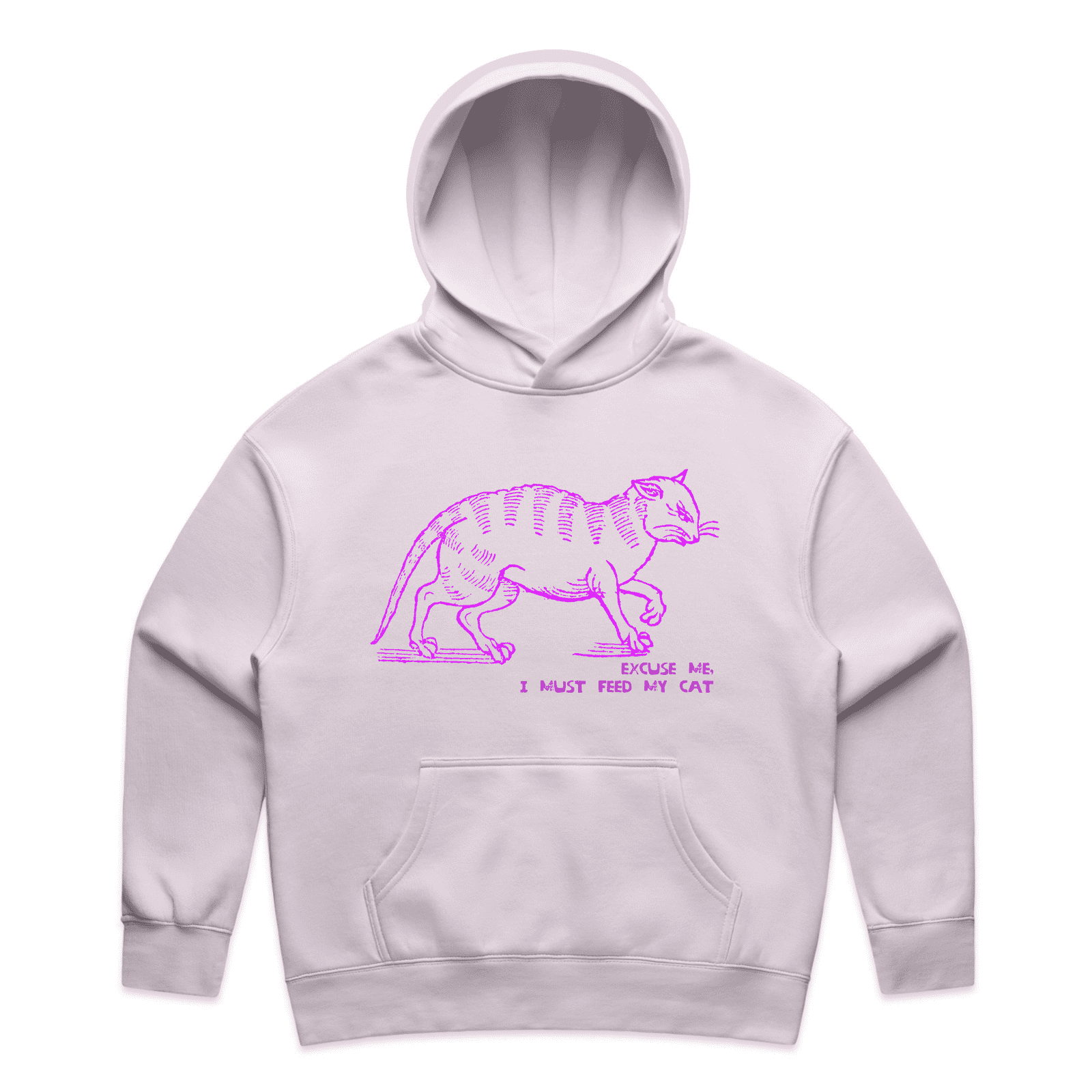 "I must feed my cat" medieval woodcut design women's hoodie in orchid - fthis