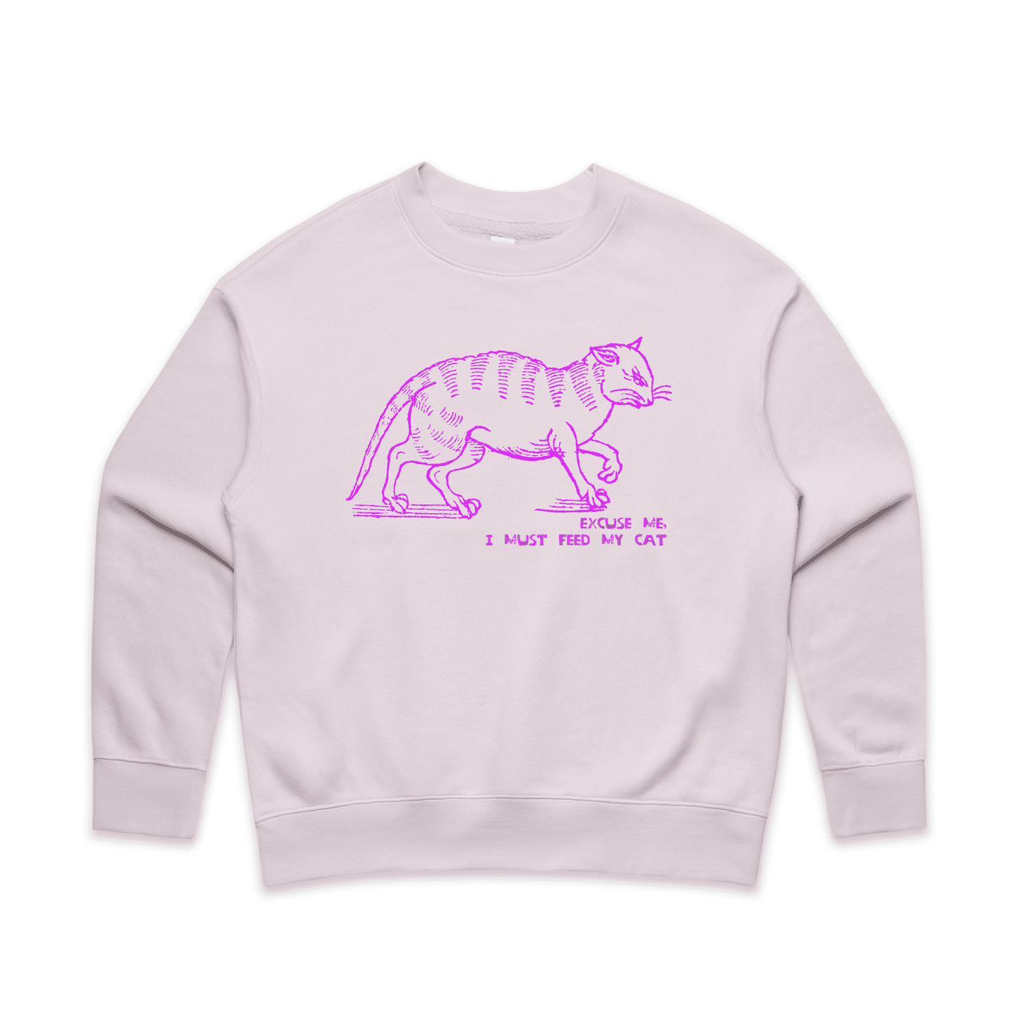 "I must feed my cat" medieval woodcut design women's sweater in orchid - fthis