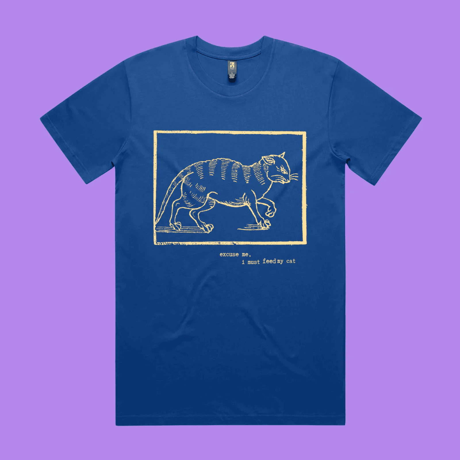 Excuse me, I must feed my cat - bright royal classic t-shirt with medieval woodcut style illustration of a witches cat - fthi