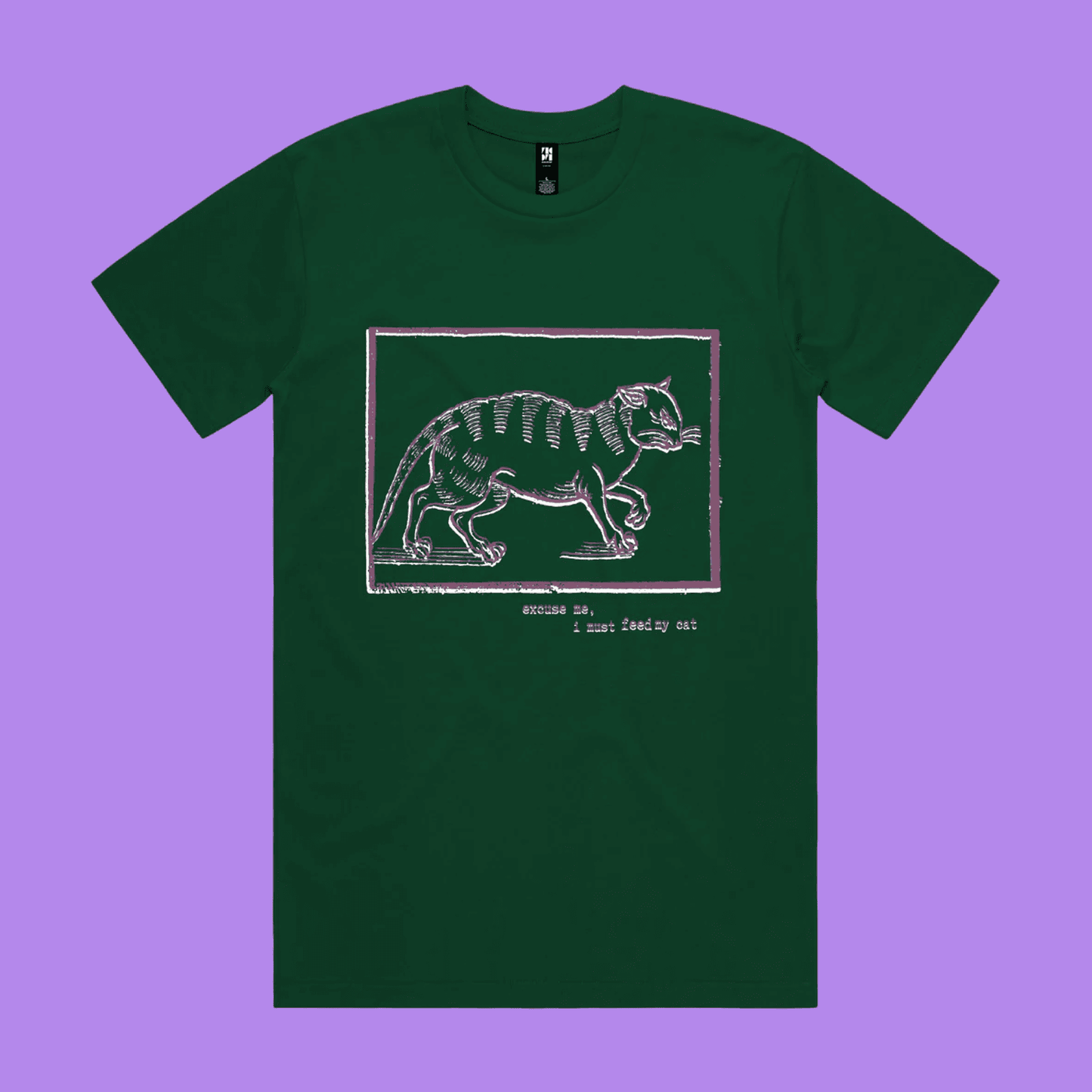 Excuse me, I must feed my cat - emerald classic t-shirt with medieval woodcut style illustration of a witches cat - fthis