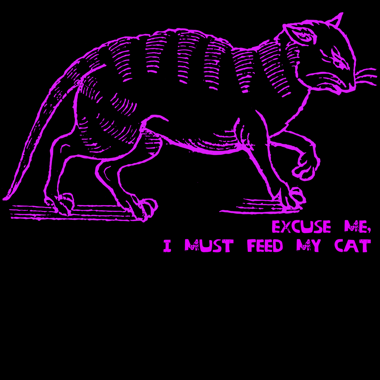 "I must feed my cat" medieval woodcut design