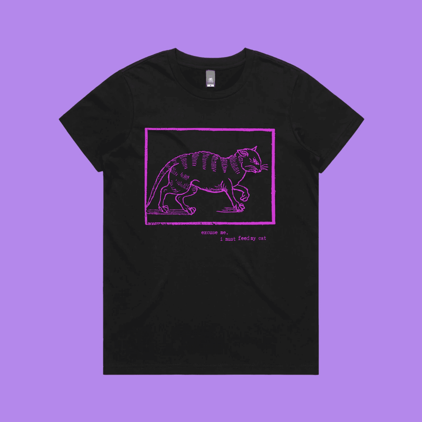 Excuse me, I must feed my cat - black maple t-shirt with medieval woodcut style illustration of a witches cat - fthis
