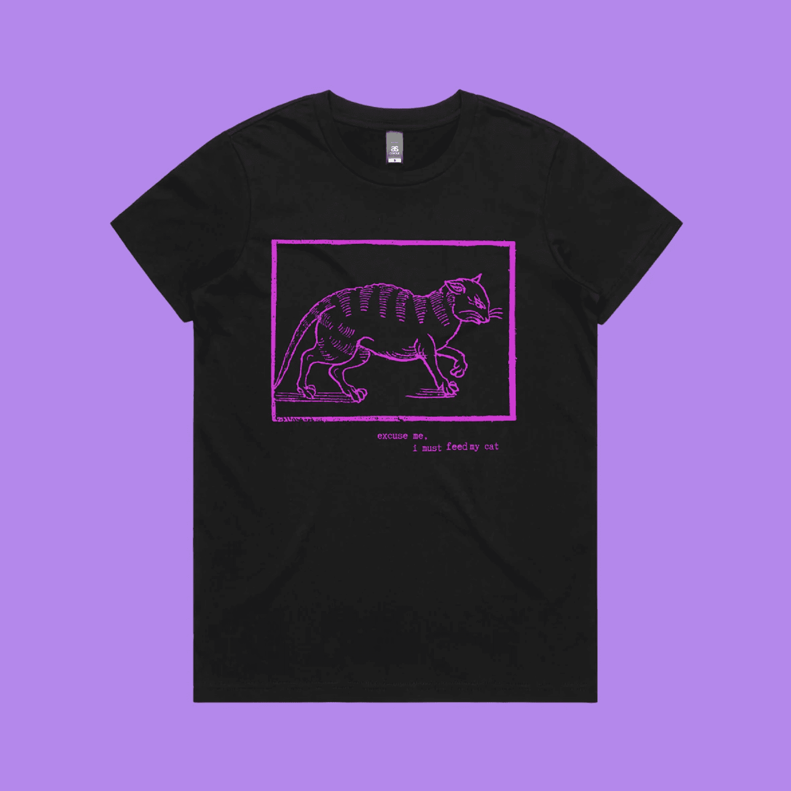 Excuse me, I must feed my cat - black maple t-shirt with medieval woodcut style illustration of a witches cat - fthis