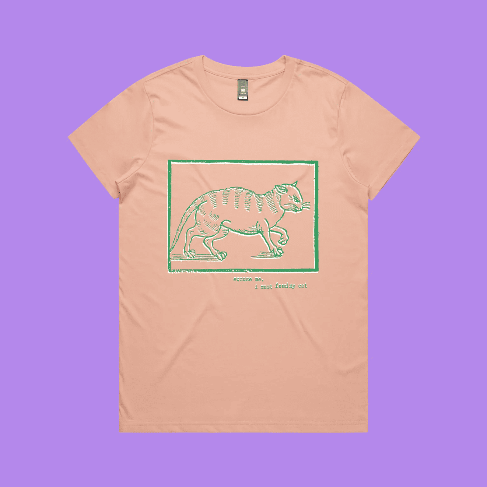 Excuse me, I must feed my cat - pink maple t-shirt with medieval woodcut style illustration of a witches cat - fthis