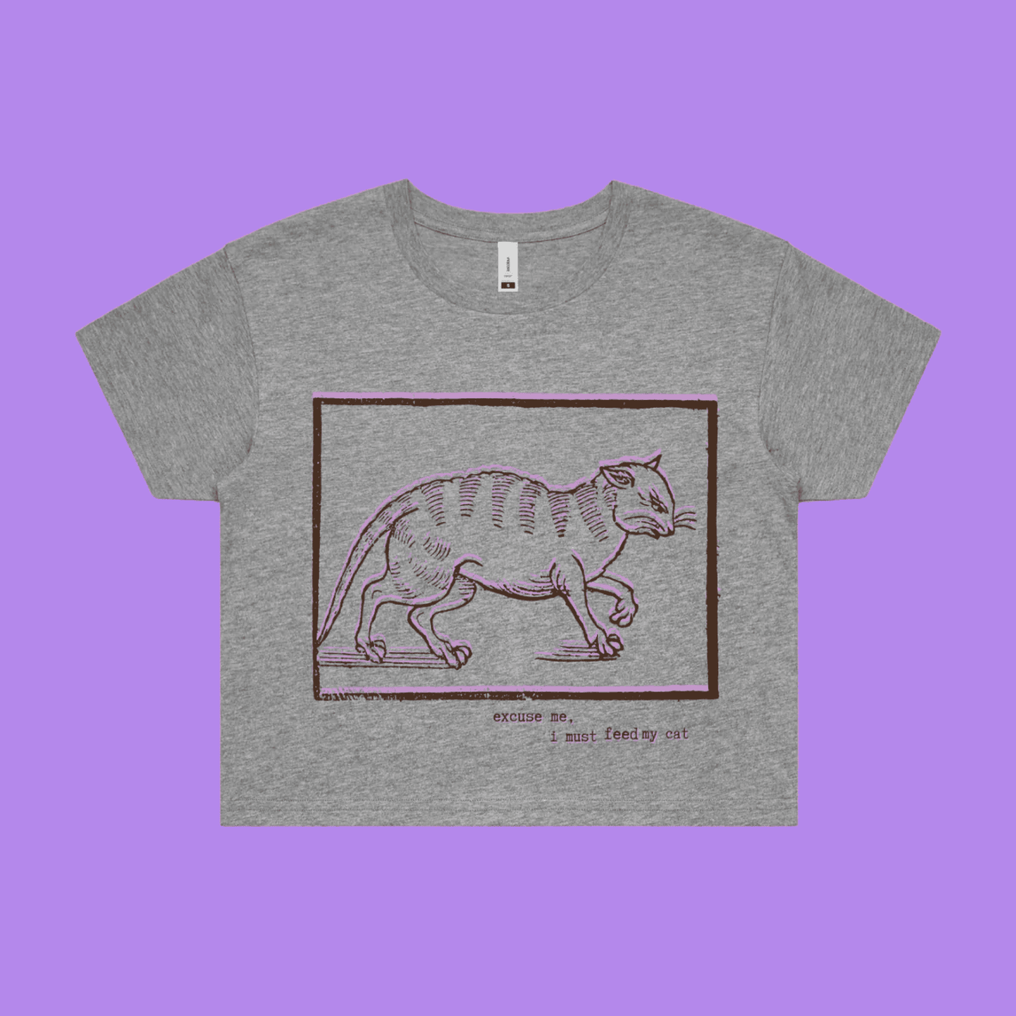 Excuse me, I must feed my cat - grey marle crop t-shirt with medieval woodcut style illustration of a witches cat - fthis