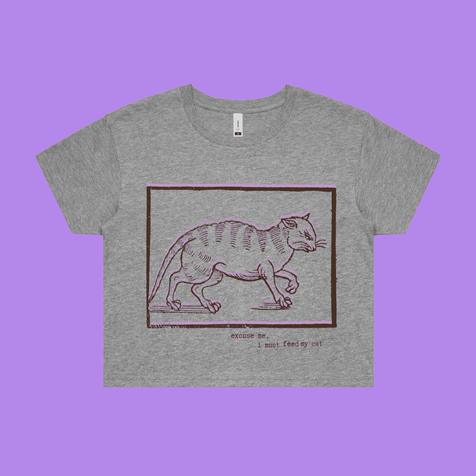 Excuse me, I must feed my cat - grey marle crop t-shirt with medieval woodcut style illustration of a witches cat - fthis