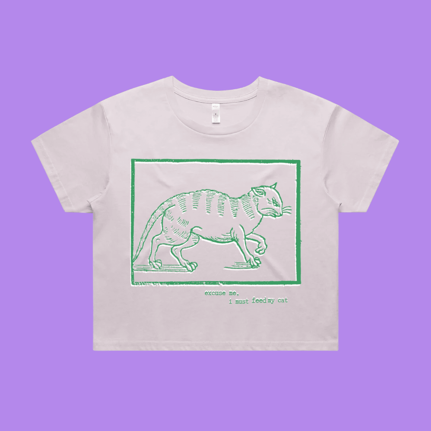 Excuse me, I must feed my cat - orchid crop t-shirt with medieval woodcut style illustration of a witches cat - fthis