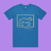Excuse me, I must feed my cat - arctic blue staple t-shirt with medieval woodcut style illustration of a witches cat - fthis