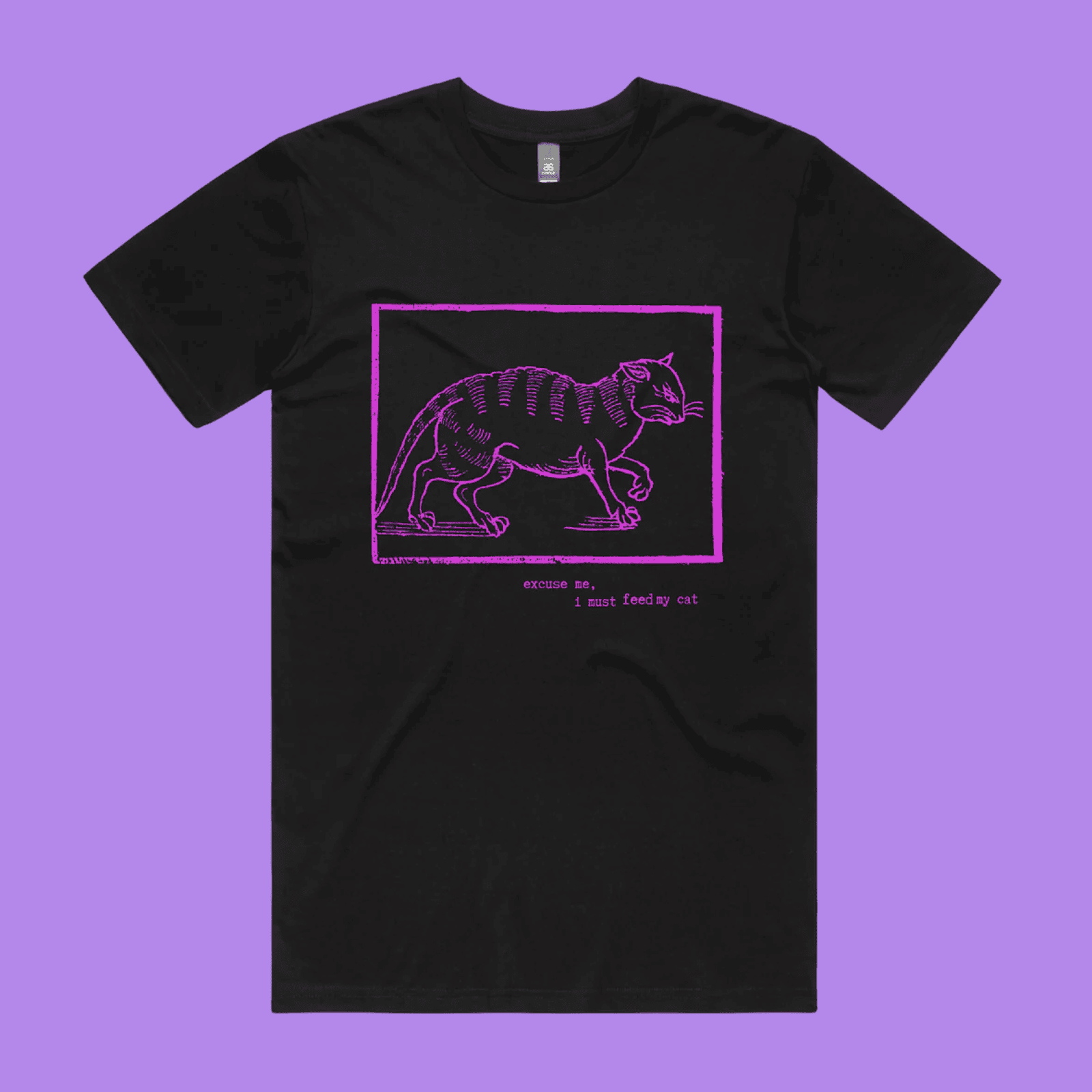 Excuse me, I must feed my cat - black staple t-shirt with medieval woodcut style illustration of a witches cat - fthis