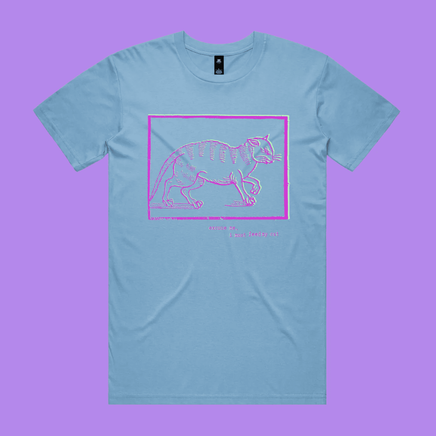Excuse me, I must feed my cat - carolina blue staple t-shirt with medieval woodcut style illustration of a witches cat - fthi
