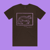 Excuse me, I must feed my cat - dark chocolate staple t-shirt with medieval woodcut style illustration of a witches cat - fth