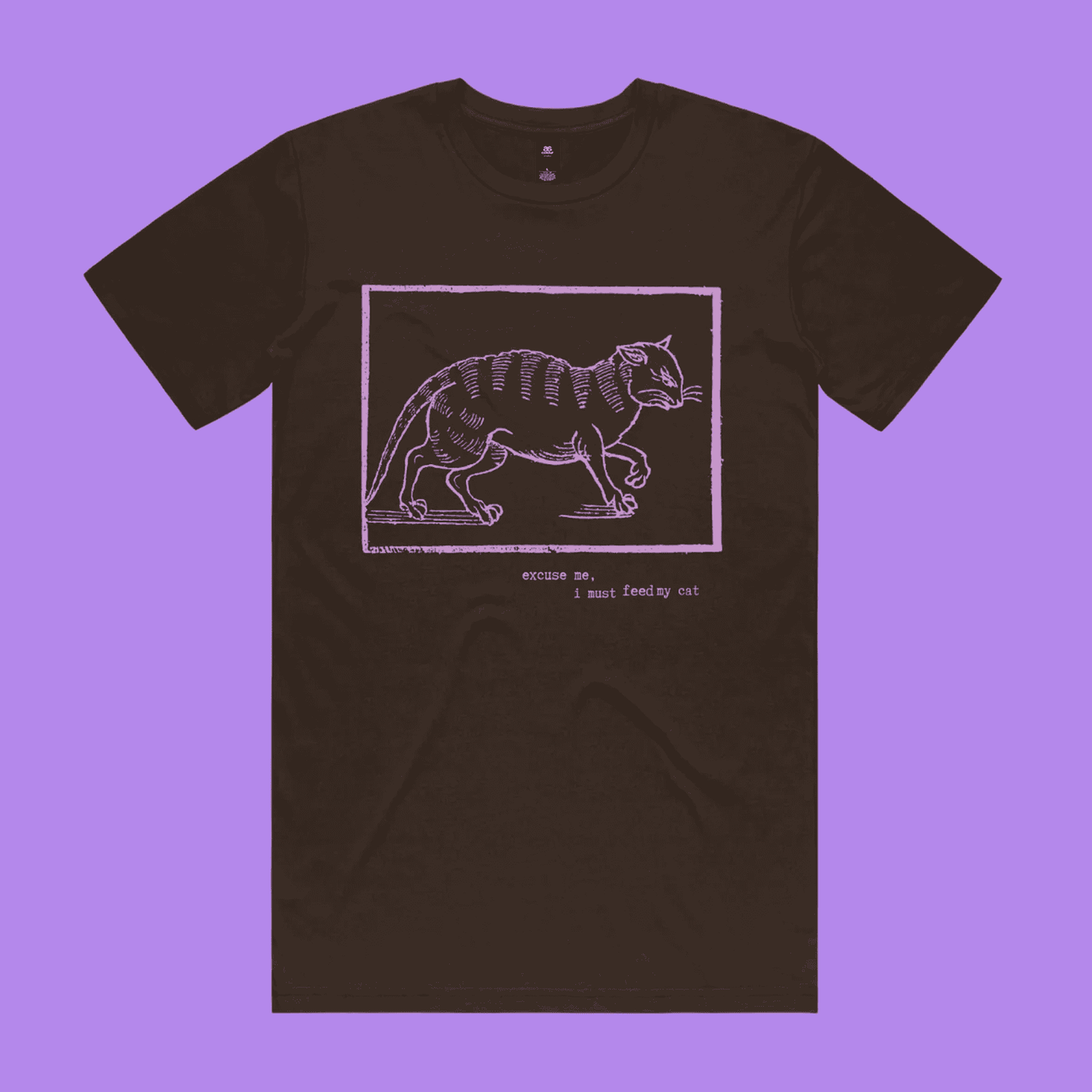Excuse me, I must feed my cat - dark chocolate staple t-shirt with medieval woodcut style illustration of a witches cat - fth