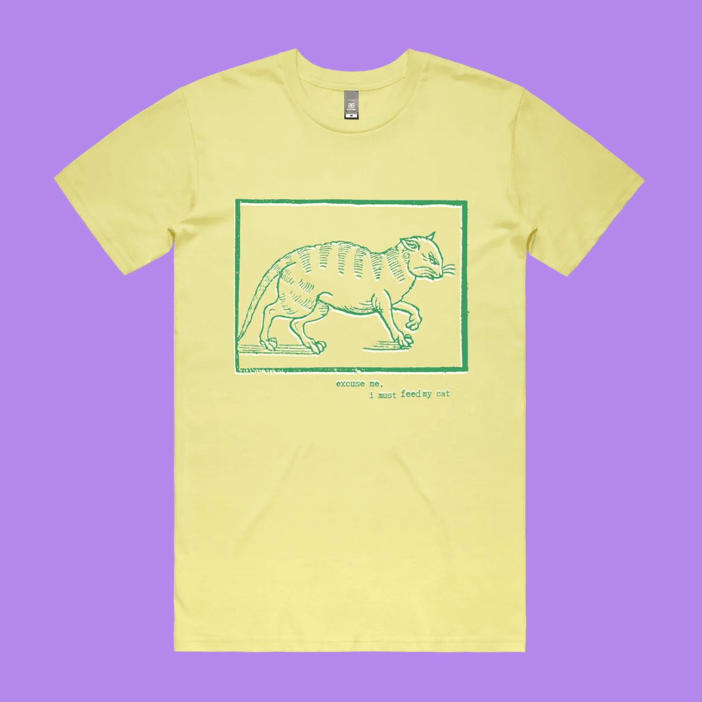 Excuse me, I must feed my cat - lemonade staple t-shirt with medieval woodcut style illustration of a witches cat - fthis