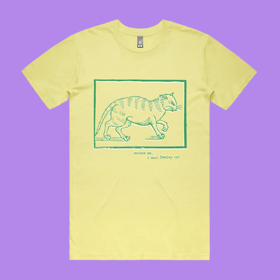 Excuse me, I must feed my cat - lemonade staple t-shirt with medieval woodcut style illustration of a witches cat - fthis