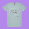 Excuse me, I must feed my cat - pale blue staple t-shirt with medieval woodcut style illustration of a witches cat - fthis