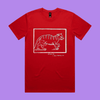 Excuse me, I must feed my cat - red staple t-shirt with medieval woodcut style illustration of a witches cat - fthis