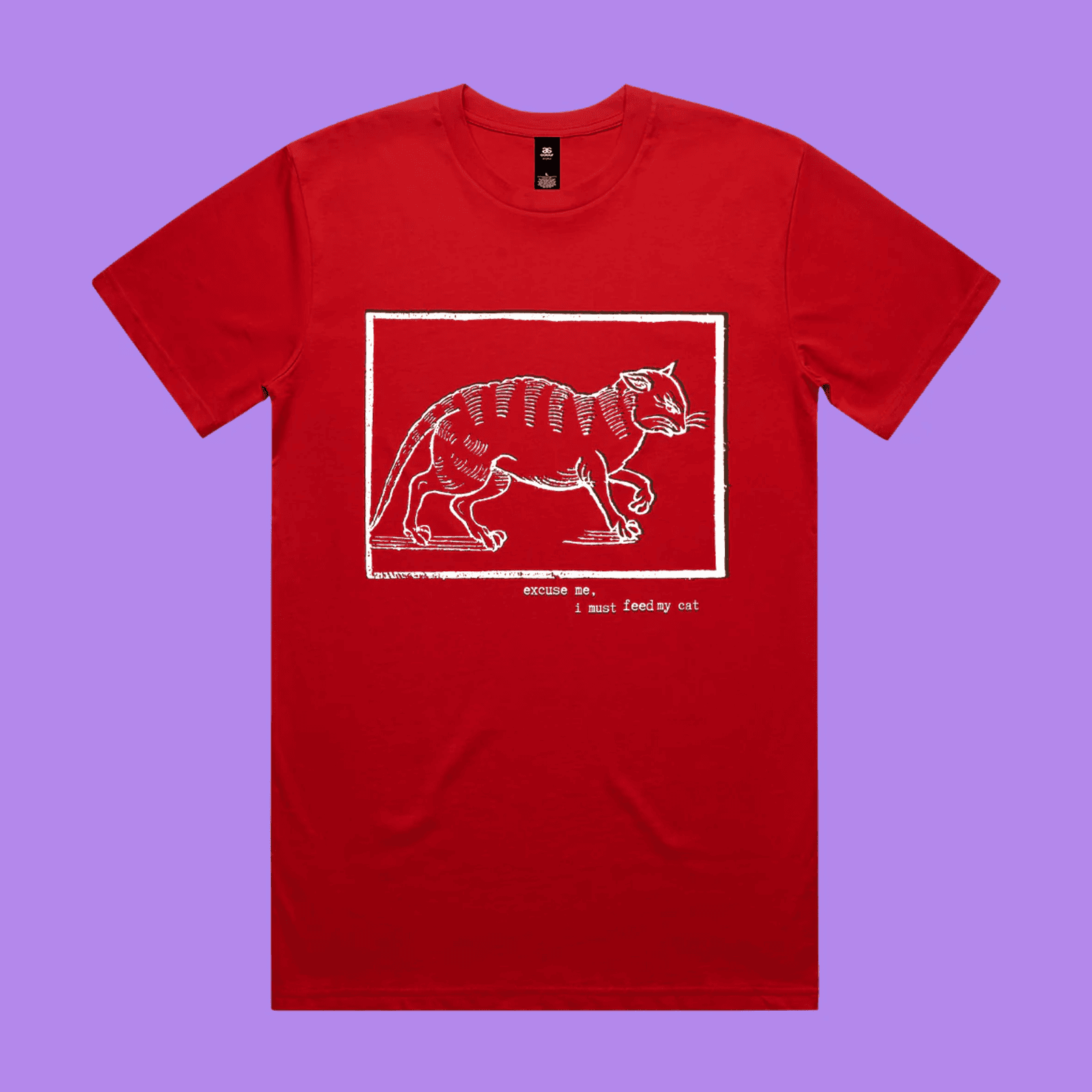Excuse me, I must feed my cat - red staple t-shirt with medieval woodcut style illustration of a witches cat - fthis