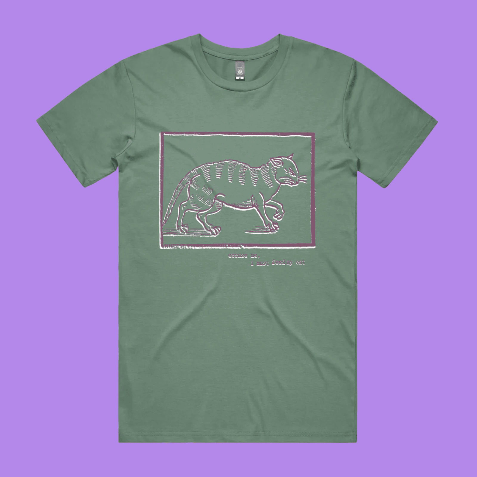 Excuse me, I must feed my cat - sage staple t-shirt with medieval woodcut style illustration of a witches cat - fthis