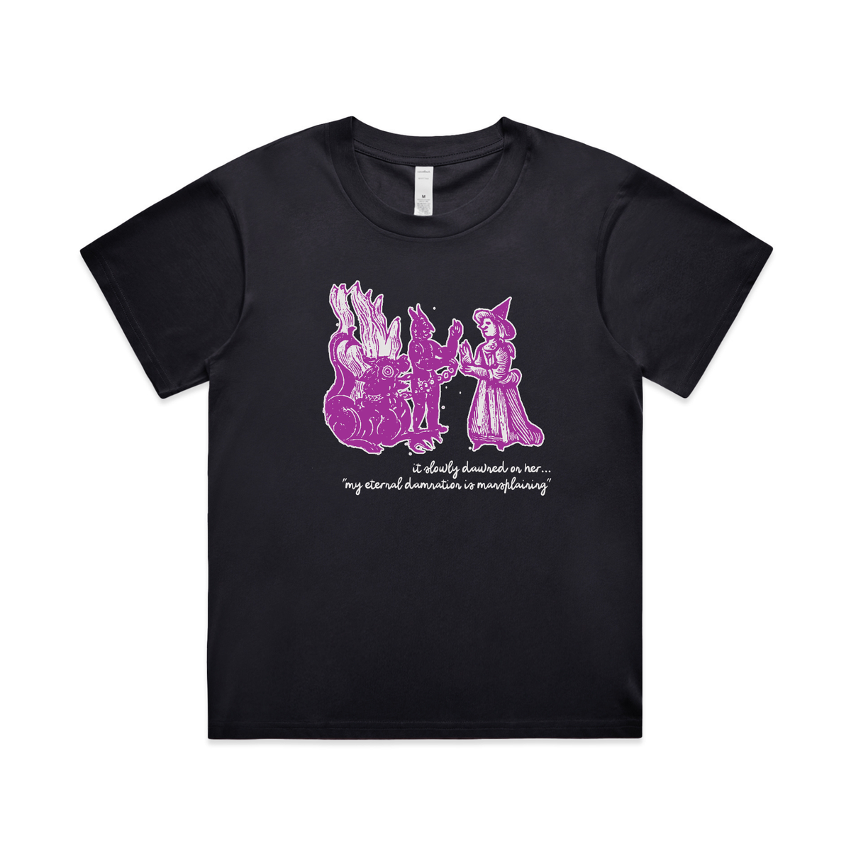 Damnation witch and devil feminist t-shirt in navy, womens boxy fit — fthis