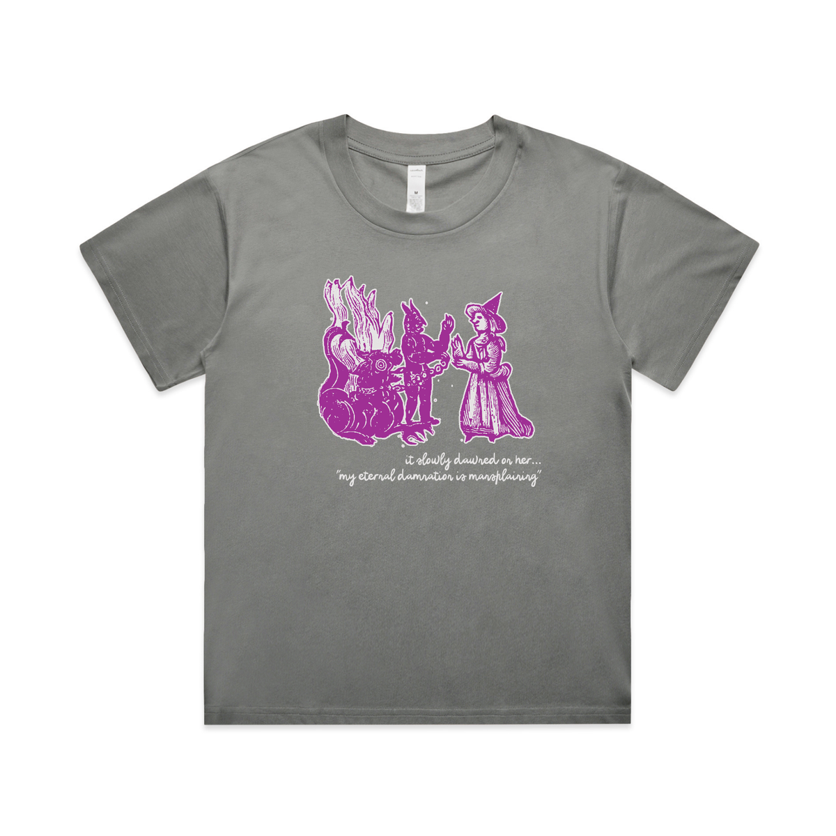 Damnation witch and devil feminist t-shirt in shadow, womens boxy fit — fthis