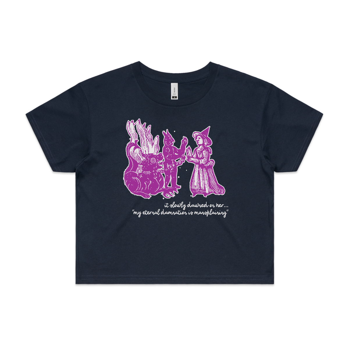 Damnation witch and devil feminist crop t-shirt in navy — fthis