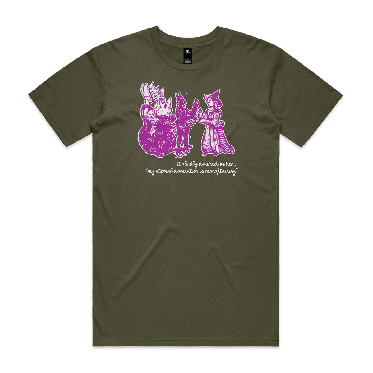 Damnation witch and devil feminist t-shirt in army, unisex — fthis