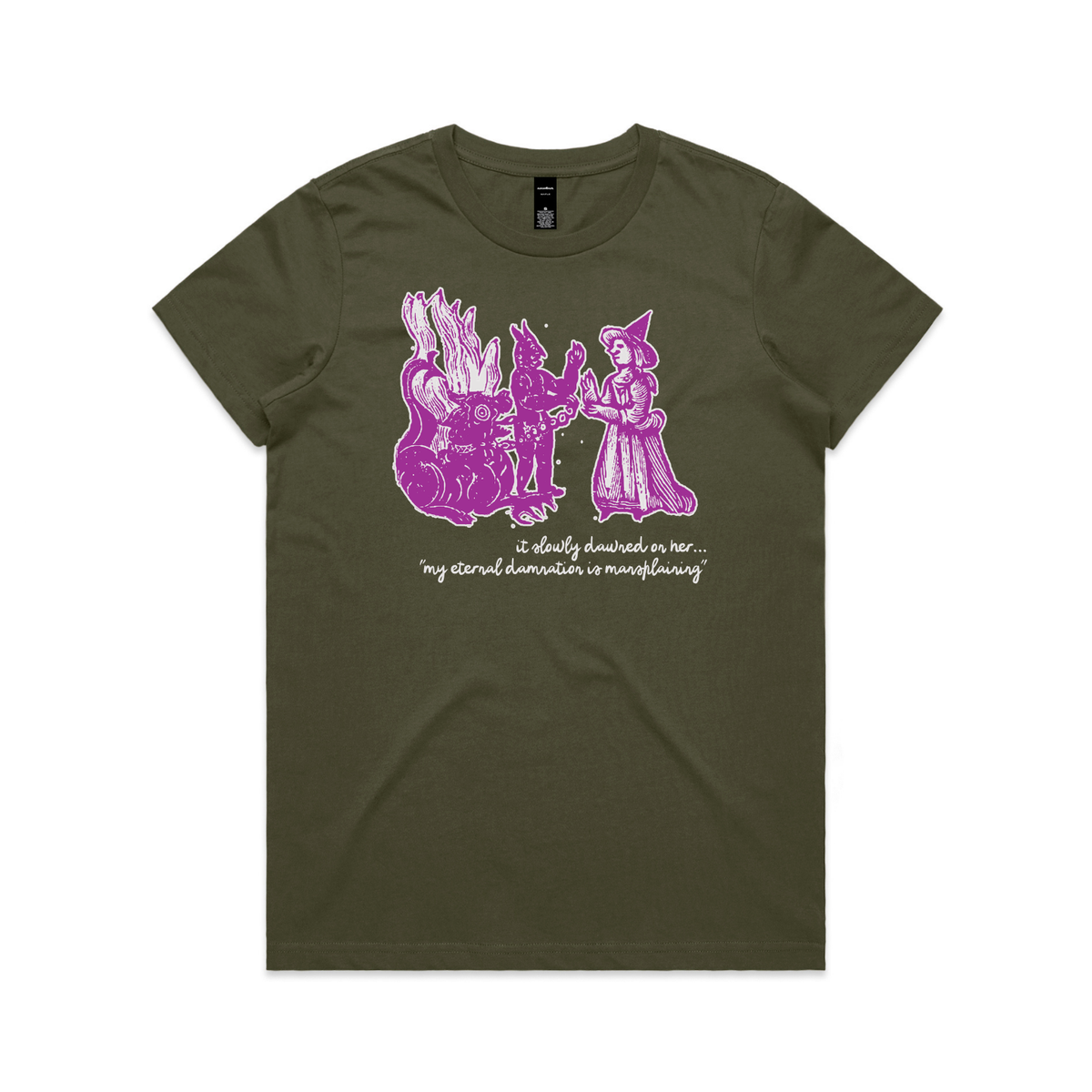 Damnation witch and devil feminist t-shirt in army, womens fit — fthis