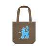A walnut canvas tote bag with a blue and white graphic of a cat wearing a crown and the text 'MAY MY DOG ALSO ATTEND?" printed on the front.