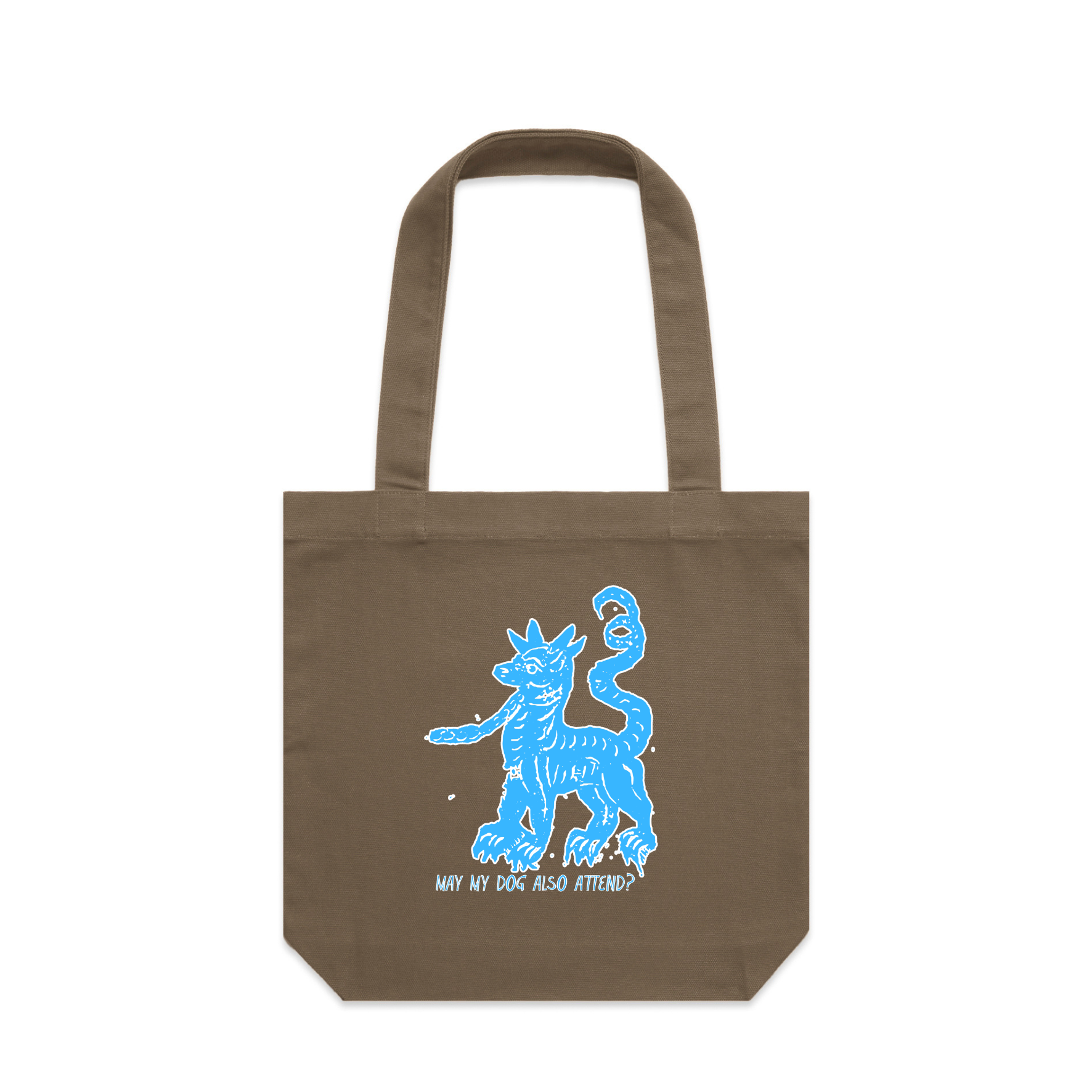 A walnut canvas tote bag with a blue and white graphic of a cat wearing a crown and the text 'MAY MY DOG ALSO ATTEND?" printed on the front.