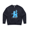 "may my dog also attend?" - medieval woodcut design on women's sweater in ink blue - fthis