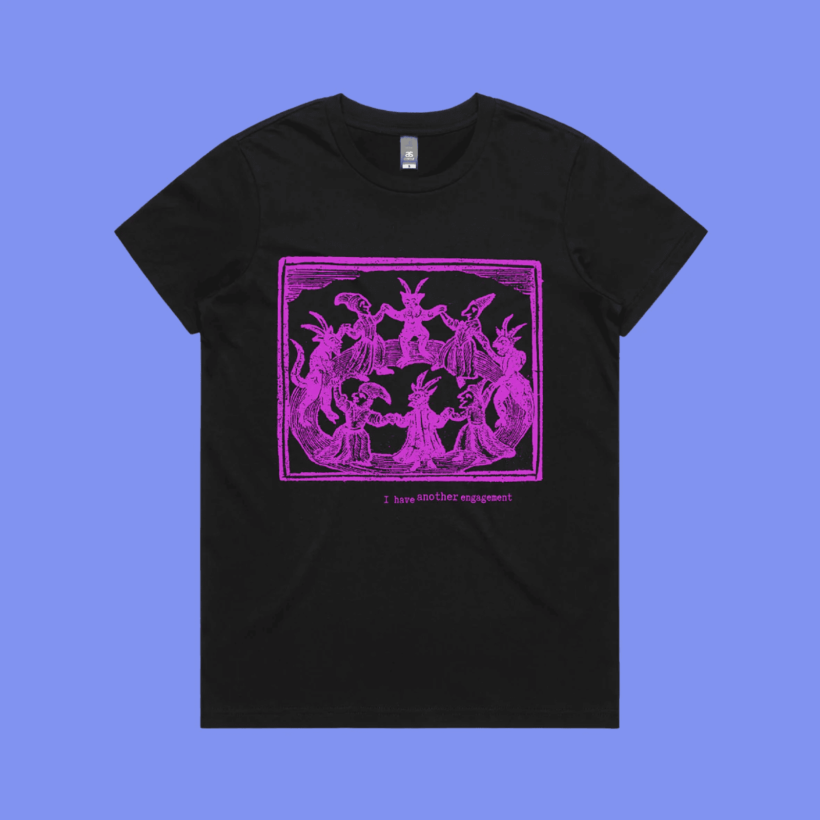 I have another engagement - black maple t-shirt with medieval woodcut illustration showing witches dancing in a circle led by