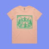 I have another engagement - pink maple t-shirt with medieval woodcut illustration showing witches dancing in a circle led by 